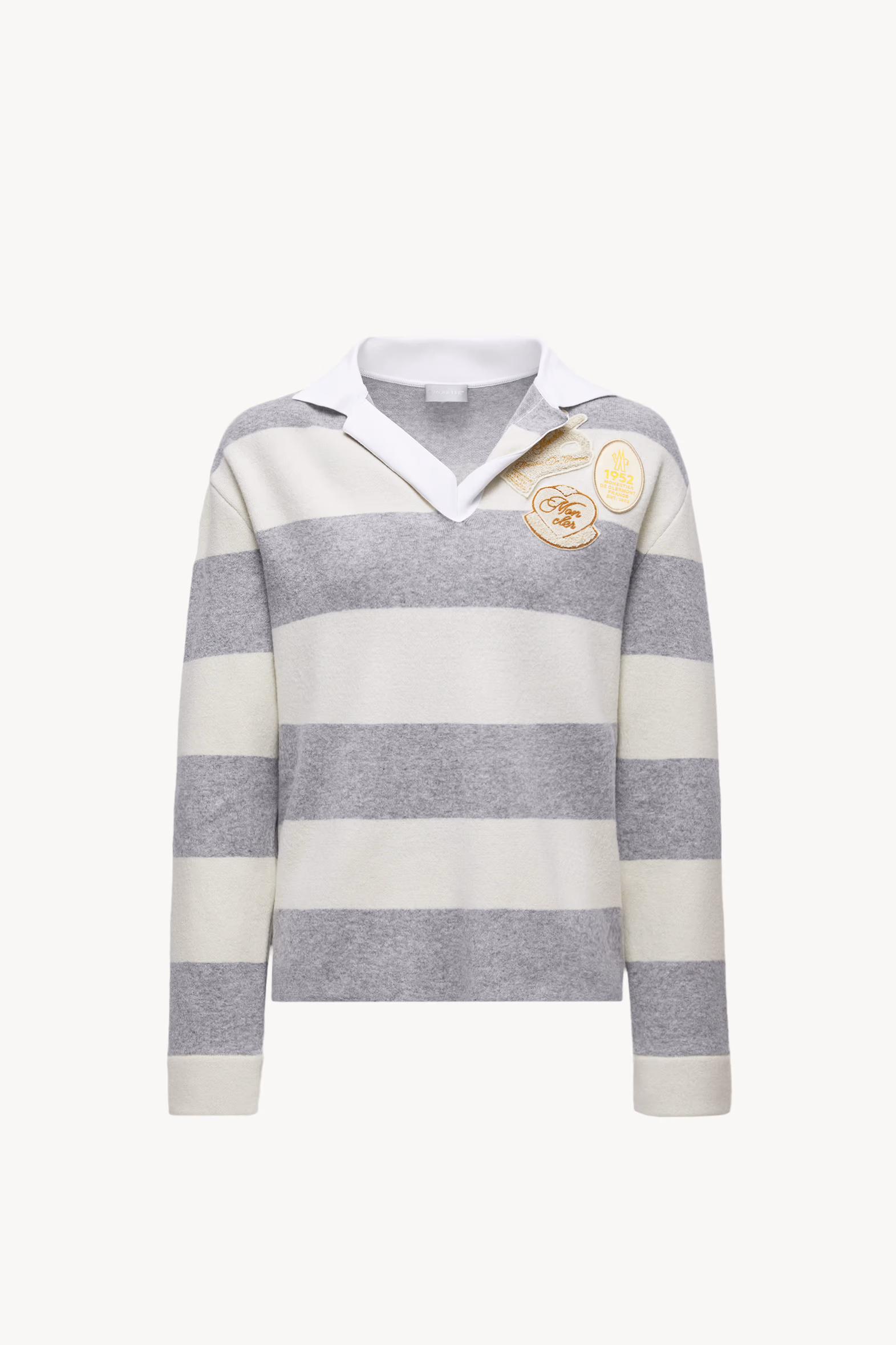 Striped Long Sleeve Wool Polo Shirt Women White & Grey Moncler 2
